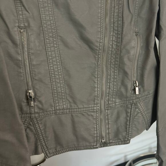 Black Rivet Faux Leather Motorcycle Jacket in Grey - Picture 3 of 7